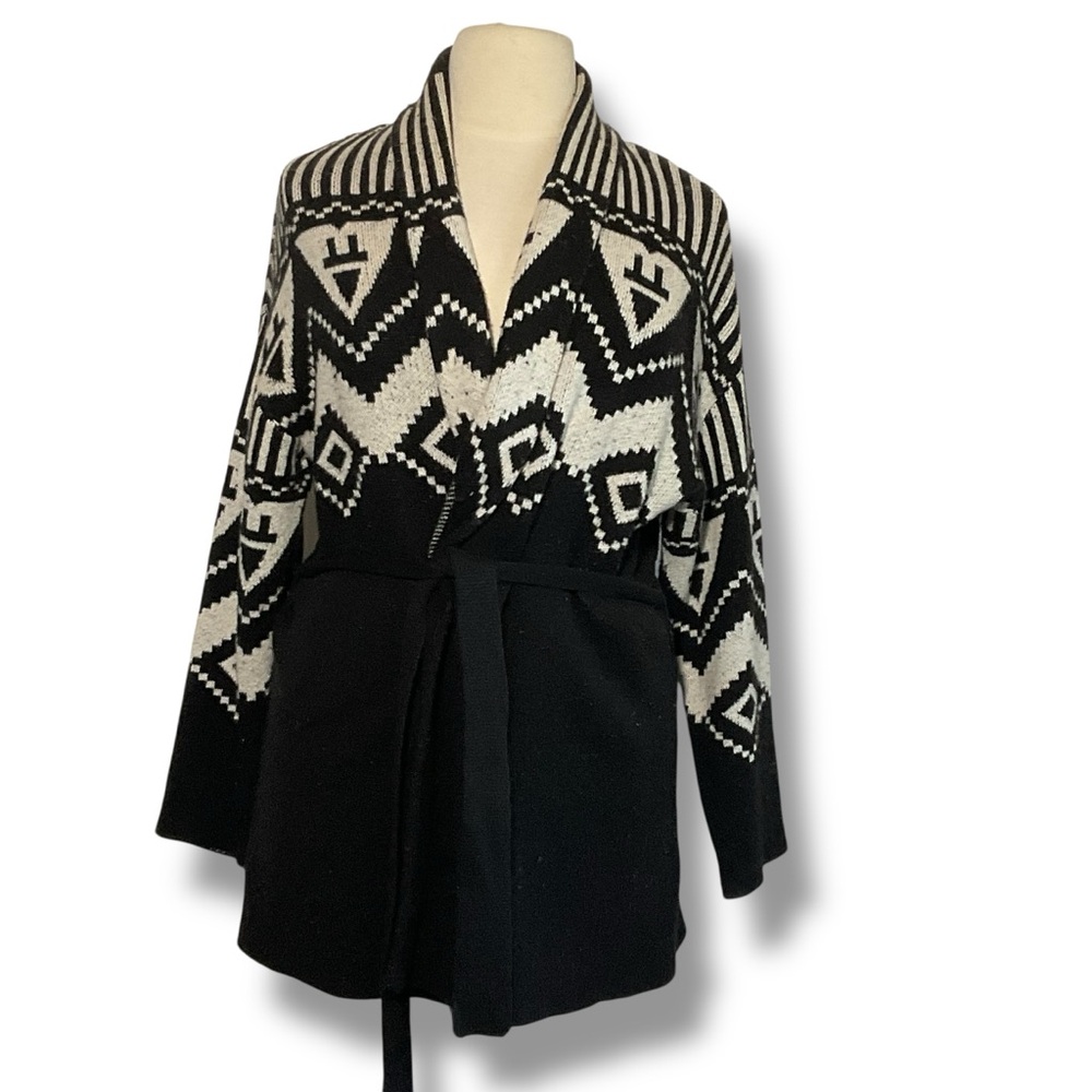 Rachel Roy Sweater Belted Cardigan Black Cream Southwest Print Knit Size‎ XL